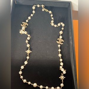 Chanel Long Necklace w Maltese Cross Pearl and Crystal